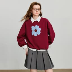 TOYOUTH Women Hoodies Sweatshirt 2025 Autumn New Green Velvet Flower Embroidered Round Neck Pullover Cotton Tops