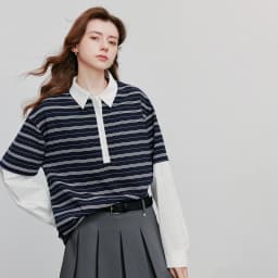 TOYOUTH Women Hoodies Sweatshirt 2025 Autumn New Spliced Fake Two Piece Polo Collar Striped Casual Pullover Tops