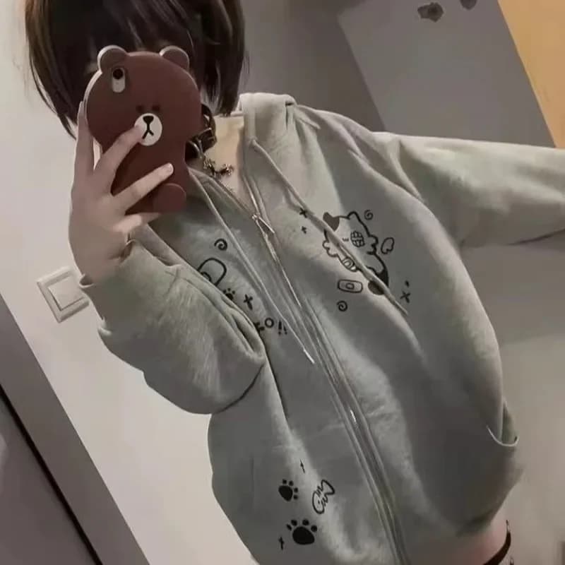 Spring Autumn Jackets Sweatshirt Cute Cats Print Zip Up Hoodie Women Streetwear Y2k Tops Cartoon Japanese Coat Grunge Black Gray