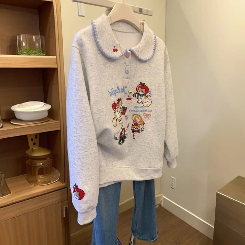 Cute Cartoon Embroidered Doll Collar Sweatshirt Fashionable Casual Versatile Large Size Spring Autumn New Style Sweet Top