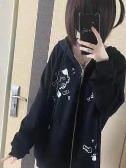 Cute Cartoon Print Hoodie Women's Oversized Fleece Lined Sweatshirt Trendy Outerwear Autumn Winter Fashionable Jacket