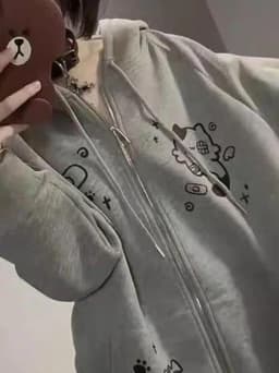 Cute Cartoon Print Hoodie Women's Oversized Fleece Lined Sweatshirt Trendy Outerwear Autumn Winter Fashionable Jacket