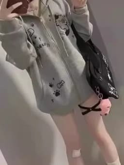 Cute Cartoon Print Hoodie Women's Oversized Fleece Lined Sweatshirt Trendy Outerwear Autumn Winter Fashionable Jacket