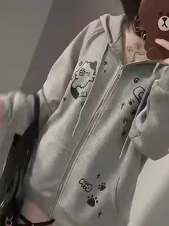 Cute Cartoon Print Hoodie Women's Oversized Fleece Lined Sweatshirt Trendy Outerwear Autumn Winter Fashionable Jacket