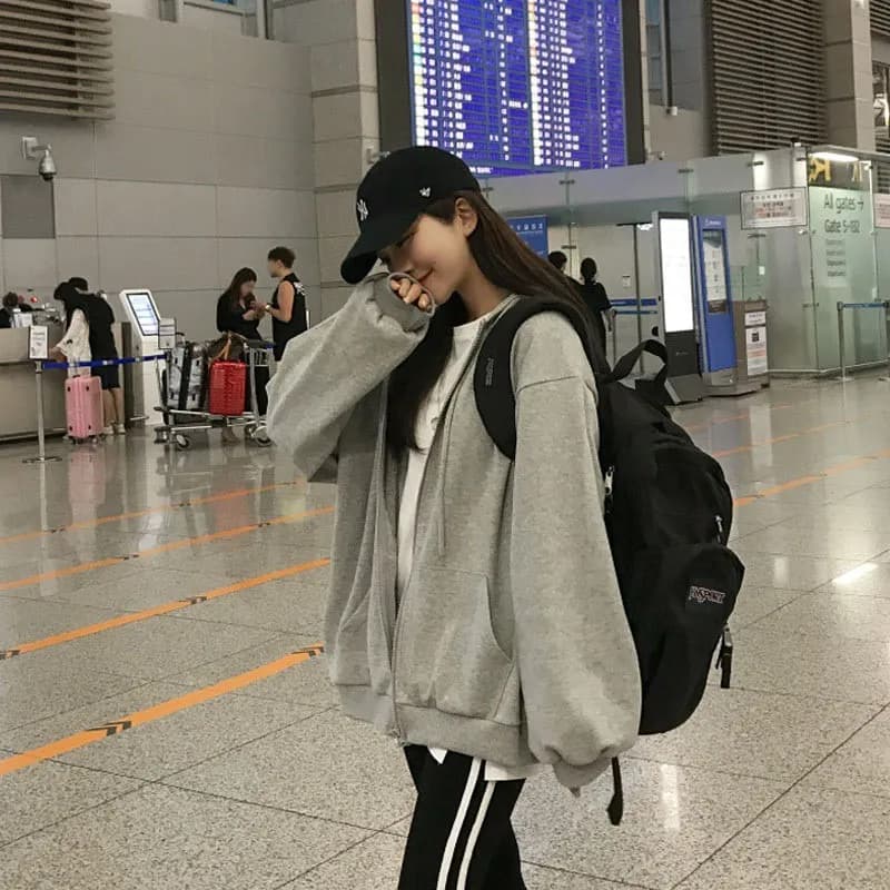 Grey Sweatshirt Women Loose Korean Version Spring Autumn New Zipper Jacket Student Casual Sports Top Hoodie Thin Long Sleeve