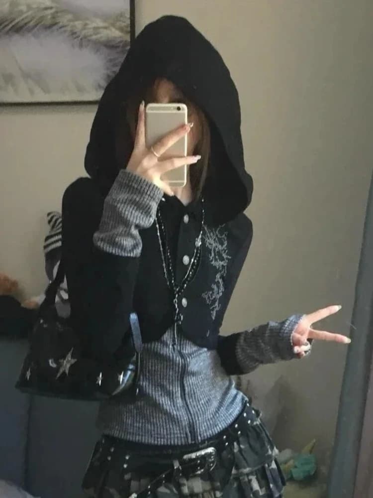 2024 Autumn Punk Vintage Patchwork Hoodie Sweaters Y2k Slim Fit Long Sleeve Knitted Tops Mujer New Cardigan Coat Sweatshirts