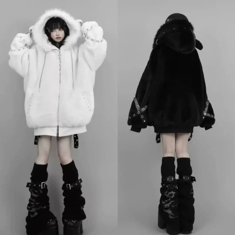 Harajuku Gothic Punk Dark Academia Clothes Fur Patchwork Hoodie Sweatshirts 2026 Autumn Winter New Cardigan Coat Women