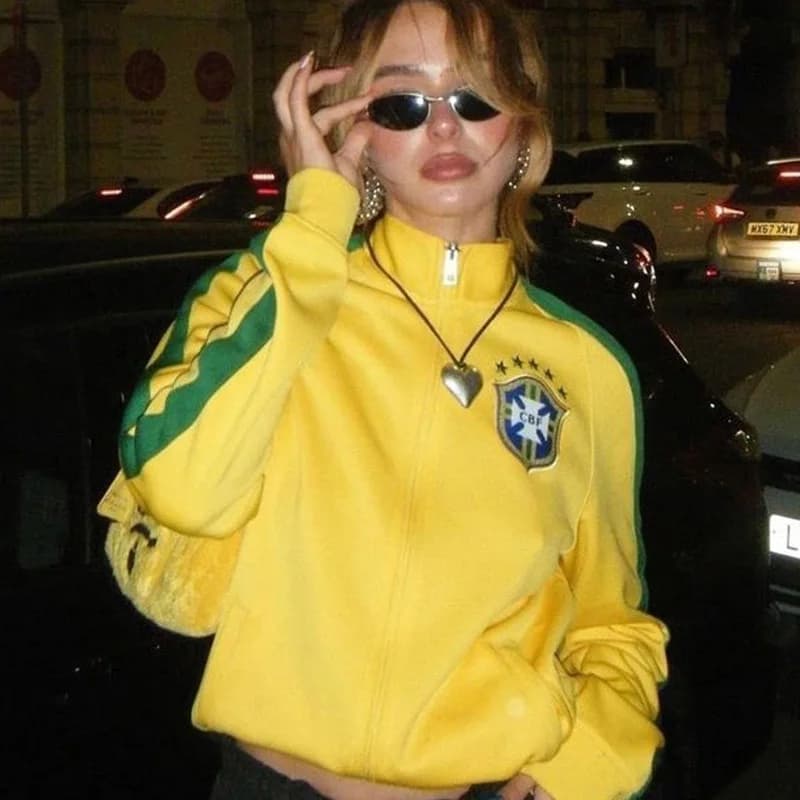 Women's Cropped Brazil Soccer Track Jacket Vintage Yellow Green Stripe Half Zip Embroidered Patch Football Jacket Streetwear