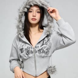 Vintage Gothic Waist Slim Zipper Cardigan European American Fashion Harajuku Plush Hoodie Long Sleeve Short Emo Girls Casual Top