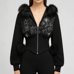Vintage Gothic Waist Slim Zipper Cardigan European American Fashion Harajuku Plush Hoodie Long Sleeve Short Emo Girls Casual Top