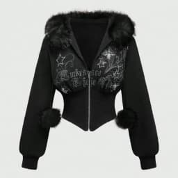 Vintage Gothic Waist Slim Zipper Cardigan European American Fashion Harajuku Plush Hoodie Long Sleeve Short Emo Girls Casual Top