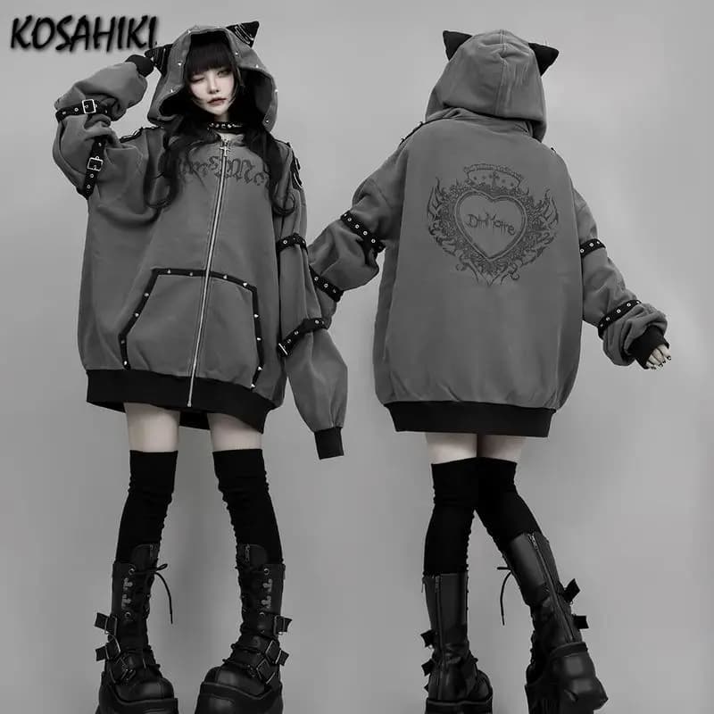 Y2k Aesthetic Letter Print Punk Hoodies Women Grunge Loose Pocket Oversized Hoody Harajuku Casual Streetwear Zipper Sweatshirts