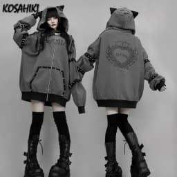 Y2k Aesthetic Letter Print Punk Hoodies Women Grunge Loose Pocket Oversized Hoody Harajuku Casual Streetwear Zipper Sweatshirts