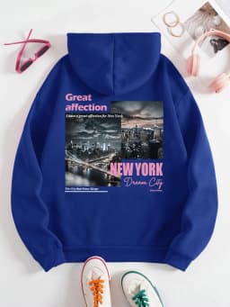 New York Dream City Printed Hoodies Casual Fashion Women Pullover Fleece Warm Pocket Sweatshirt Sporty Oversize Street Clothes