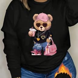 Women's Autumn and Winter Loose Casual Comfortable Teddy Bear Print with Velvet Long-Sleeved Round Neck Hoodie Pullover