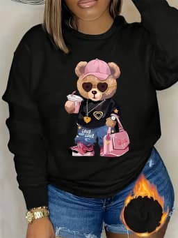 Women's Autumn and Winter Loose Casual Comfortable Teddy Bear Print with Velvet Long-Sleeved Round Neck Hoodie Pullover