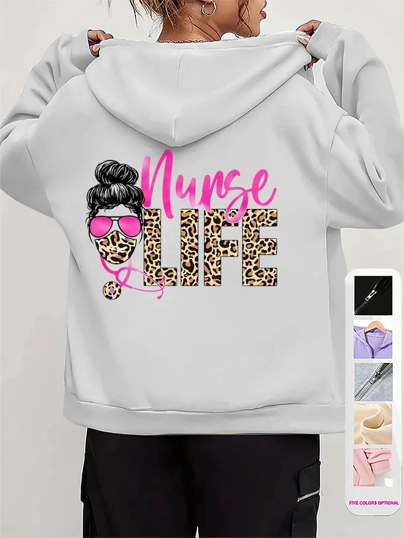 Women Leopard Nurse Life Print Hoodie Long Sleeve Casual Zipper Hoodie Nursing Fall Winter Jacket Coat Emergency Nurse Hoodies