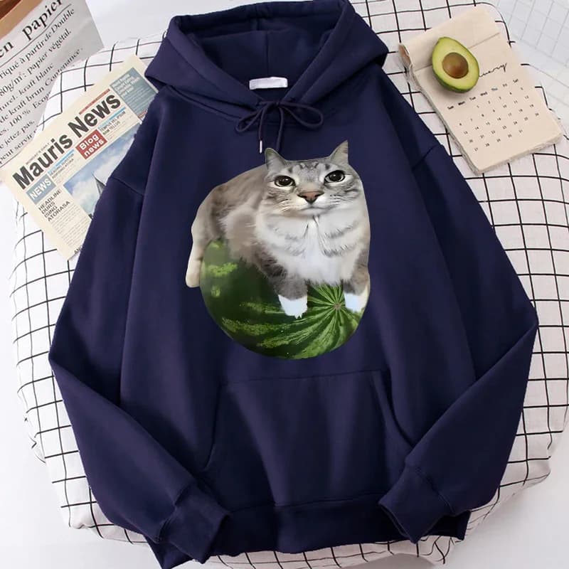 Cute Watermelon Cat Silly Cat Meme Printed Hoodies 90s Casual Sweatshirts Graphic Y2k Hooded Women's Gothic Streetwear Clothes