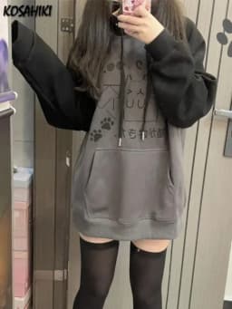Japanese Kawaii Y2k Aesthetic Patchwork Thick Warm Hoodies Women Vintage Cartoon Print Streetwear Harajuku Loose Sweatshirt Tops