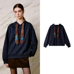 TOYOUTH Liberte Series Women Sweatshirt 2026 Autumn New Nomadic Print Ribbon Detail Hooded Loose Top