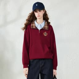 TOYOUTH Women Sweatshirt 2026 Autumn New Fleece College Style Embroidered Plaid Collar Loose Top