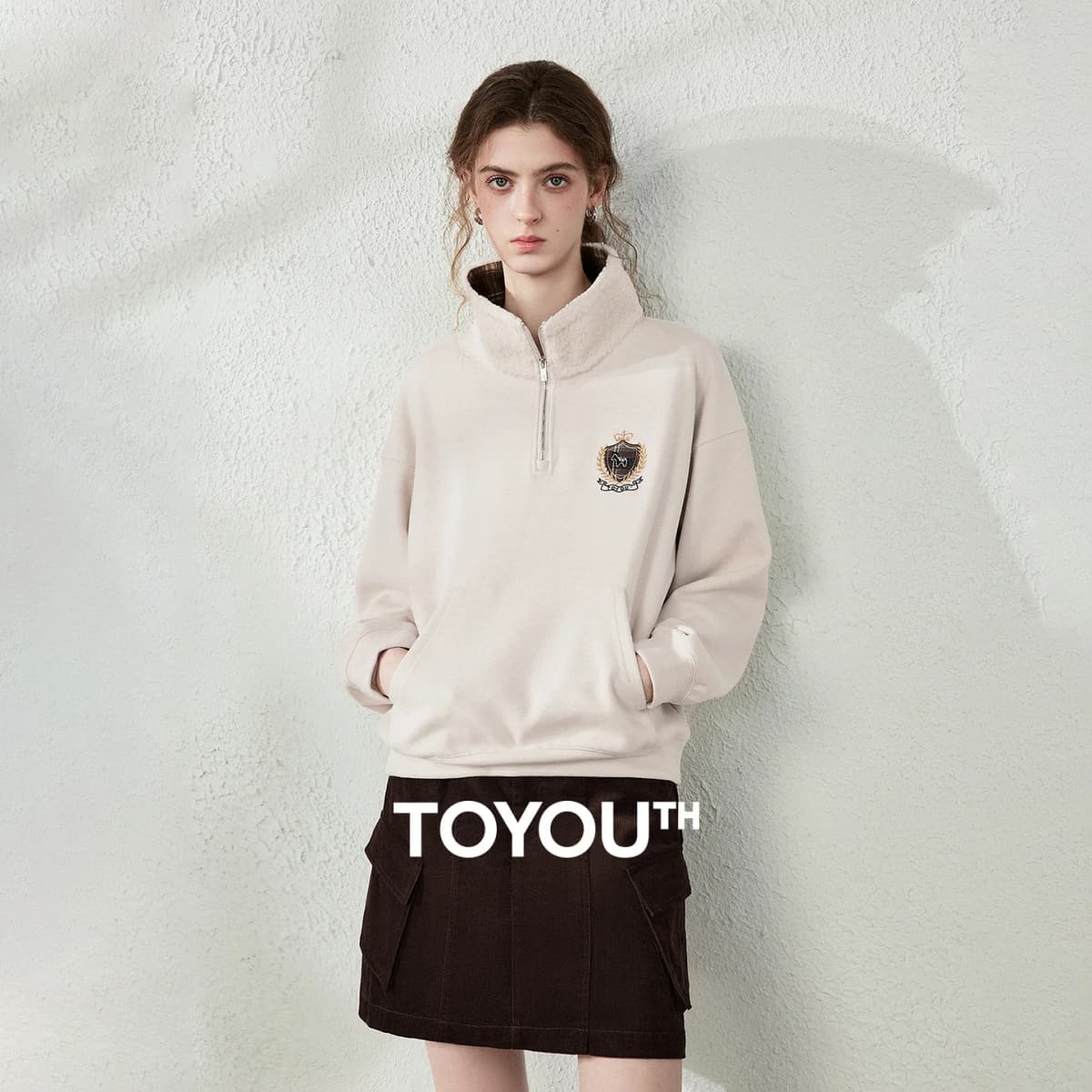 TOYOUTH Women Sweatshirt 2026 Autumn New Fleece College Style Embroidered Plaid Collar Loose Top