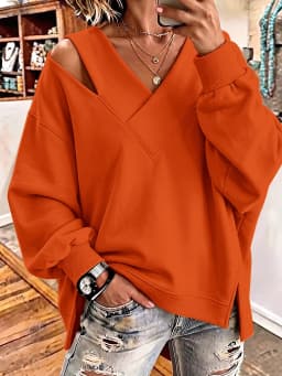 Autumn Winter Casual Loose Fashion Pullovers Women V Neck Chic Patchwork Hoodie Solid Hollow out Holiday Ladies Top Streetwear