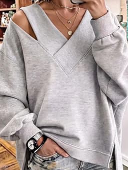 Autumn Winter Casual Loose Fashion Pullovers Women V Neck Chic Patchwork Hoodie Solid Hollow out Holiday Ladies Top Streetwear