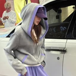 Fashion Color Blocked Hooded Sweatshirt for Women Autumn Loose Fit Zip-up Hoodie Female Casual Long Sleeve Sport Outerwear