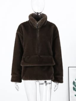 2026 Spring Autumn New Faux Fur Sweatshirt For Women Casual Stand Collar Long Sleeve Pockets Jumpers Female Chic Street Chic Top