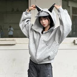 American Retro Rivet Hooded Sweatshirt for Women Autumn Loose Zipper Casual Outerwear Woman Devil Horn Long Sleeve Hoodie Coat