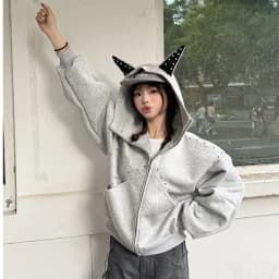 American Retro Rivet Hooded Sweatshirt for Women Autumn Loose Zipper Casual Outerwear Woman Devil Horn Long Sleeve Hoodie Coat