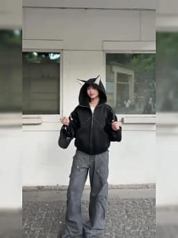 American Retro Rivet Hooded Sweatshirt for Women Autumn Loose Zipper Casual Outerwear Woman Devil Horn Long Sleeve Hoodie Coat