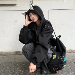 American Retro Rivet Hooded Sweatshirt for Women Autumn Loose Zipper Casual Outerwear Woman Devil Horn Long Sleeve Hoodie Coat
