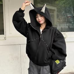 American Retro Rivet Hooded Sweatshirt for Women Autumn Loose Zipper Casual Outerwear Woman Devil Horn Long Sleeve Hoodie Coat