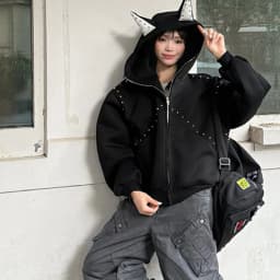 American Retro Rivet Hooded Sweatshirt for Women Autumn Loose Zipper Casual Outerwear Woman Devil Horn Long Sleeve Hoodie Coat