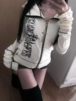 Women Hoodies Clothing Punk Sweatshirts Harajuku Streetwear Retro Hooded Jackets Japanese Rivet Print Casual Zipper Coat Fashion
