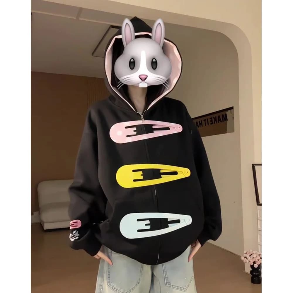 Pink Polka Dot Lined Hood 3D Giant Hair Clip Decor Zip up Hoodie Women's Oversized Kawaii Streetwear Jacket