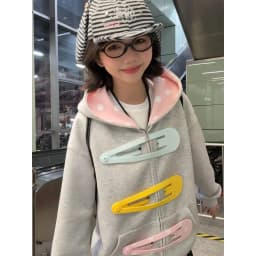 Pink Polka Dot Lined Hood 3D Giant Hair Clip Decor Zip up Hoodie Women's Oversized Kawaii Streetwear Jacket