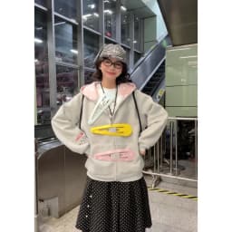 Pink Polka Dot Lined Hood 3D Giant Hair Clip Decor Zip up Hoodie Women's Oversized Kawaii Streetwear Jacket