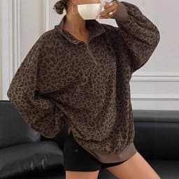 Fashion Leopard Print Oversize Sweatshirt Women Casual Stand Collar Corduroy Pullovers Female Loose Half Zip-up Streetwear Tops