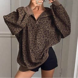 Fashion Leopard Print Oversize Sweatshirt Women Casual Stand Collar Corduroy Pullovers Female Loose Half Zip-up Streetwear Tops