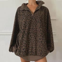 Fashion Leopard Print Oversize Sweatshirt Women Casual Stand Collar Corduroy Pullovers Female Loose Half Zip-up Streetwear Tops