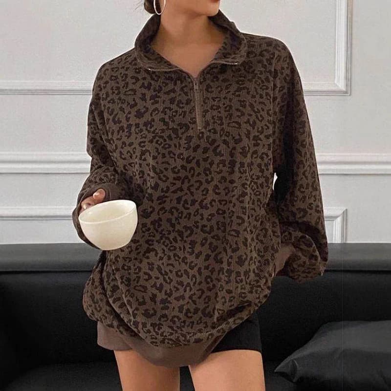 Fashion Leopard Print Oversize Sweatshirt Women Casual Stand Collar Corduroy Pullovers Female Loose Half Zip-up Streetwear Tops