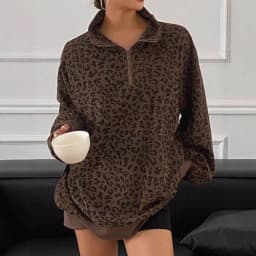 Fashion Leopard Print Oversize Sweatshirt Women Casual Stand Collar Corduroy Pullovers Female Loose Half Zip-up Streetwear Tops