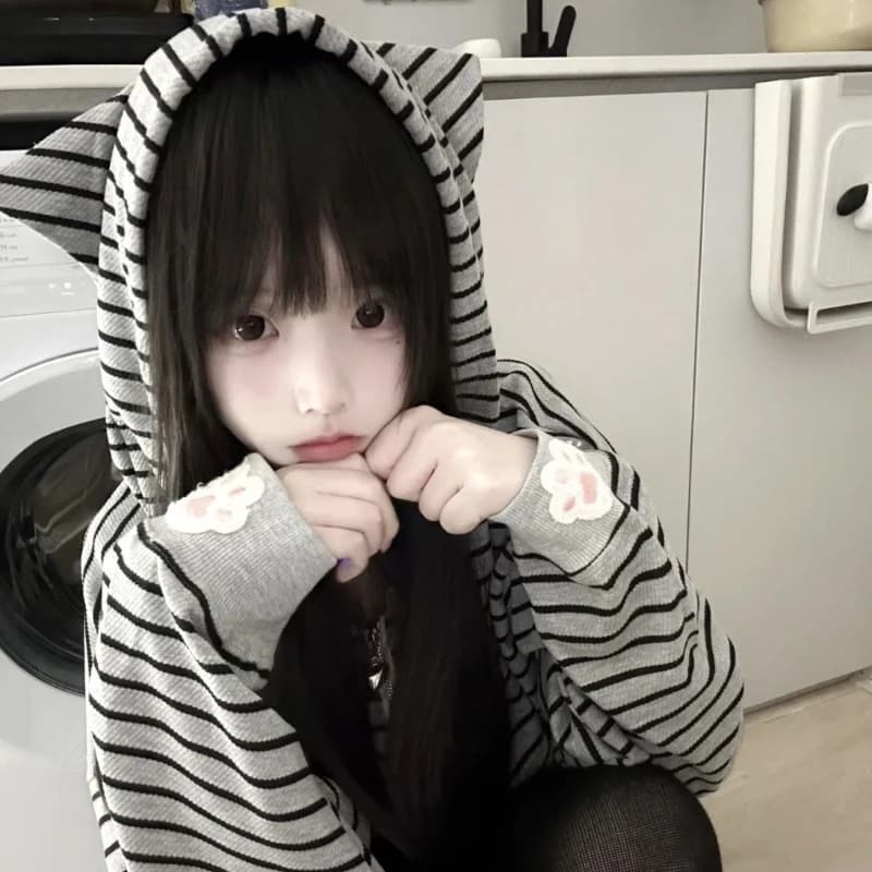 Japanese Kawaii Cat Ears Long Sleeve Hoodie Women Sweet Casual Striped Sweatshirt Zipper Cartoon Embroidery 2025 Autumn