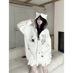 Japanese Kawaii Cat Ears Long Sleeve Hoodie Women Sweet Casual Striped Sweatshirt Zipper Cartoon Embroidery 2025 Autumn