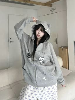 Japanese Kawaii Cat Ears Long Sleeve Hoodie Women Sweet Casual Striped Sweatshirt Zipper Cartoon Embroidery 2025 Autumn