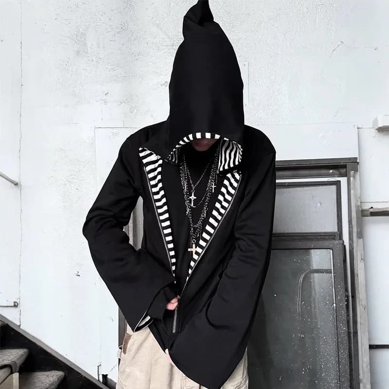Aesthetics Harajuku Dark Gothic Loose Zipper Sweatshirt Front Back Wearing Black White Stripes vintage Men Women Couples Hoodies