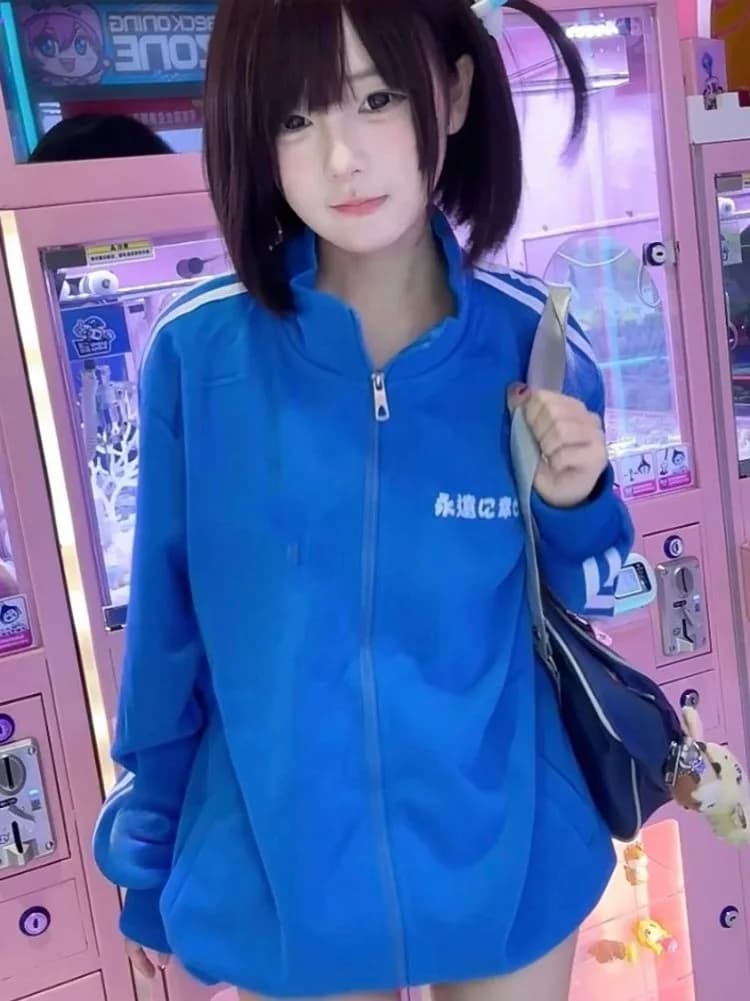 Japanese Casual Stand Neck Y2k Aesthetic Hoodie Women Men Streetwear Letter Print Zipper Grunge Sweatshirt Loose Patchwork Hoody